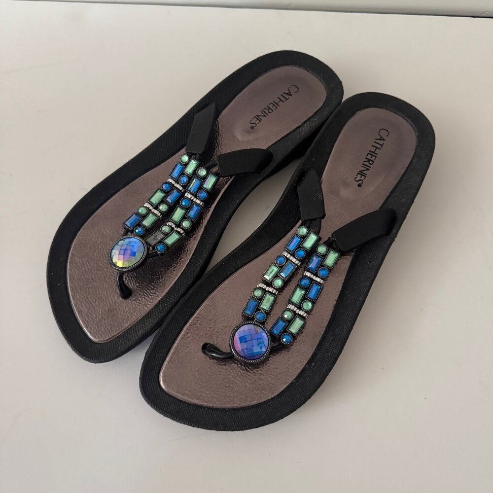 Catherines Black Gem Jewel Flip Flop Thong Sandals Size Large 10W/11W